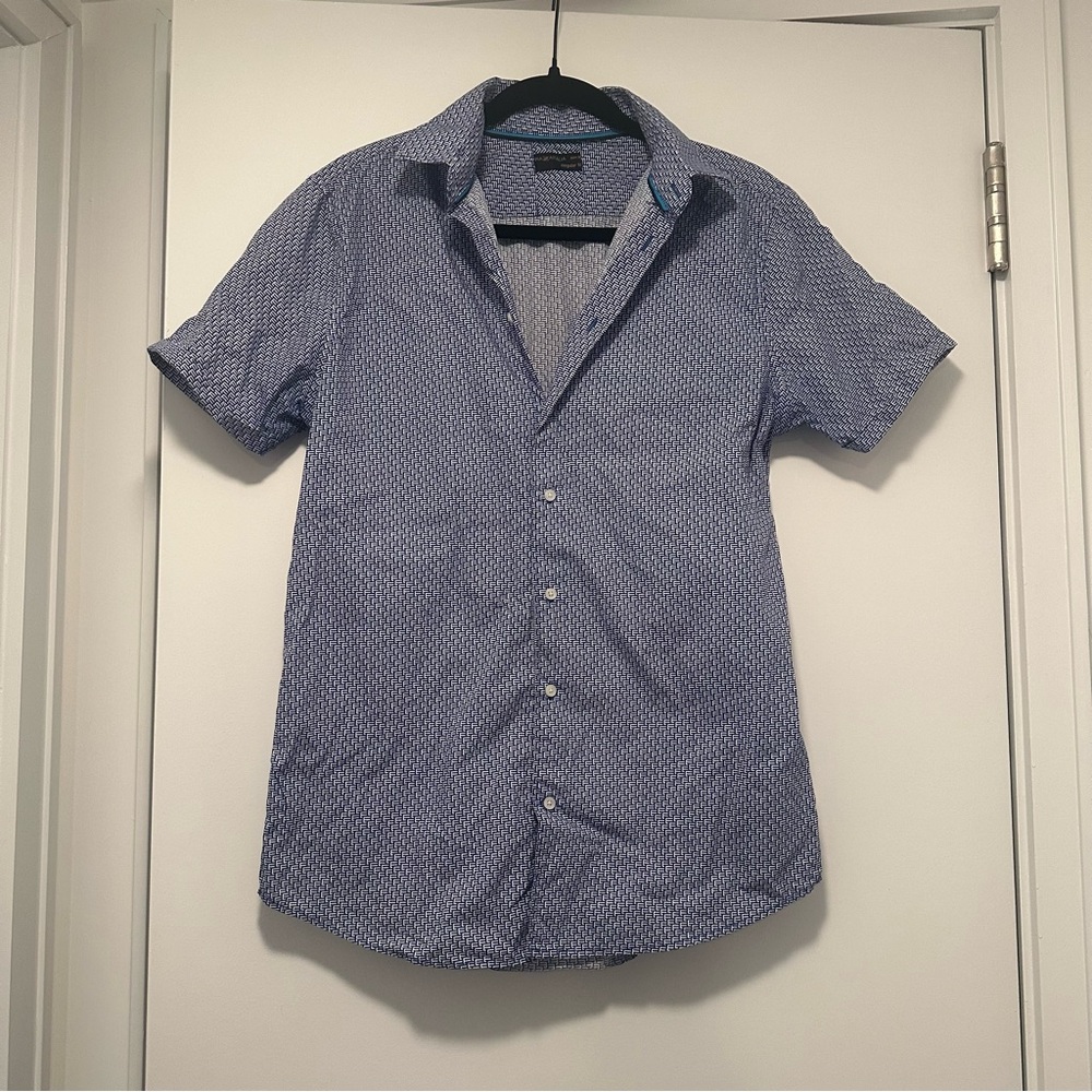 ON SALE Piazza Italia Men's Blue Patterned Short Sleeve Button Down